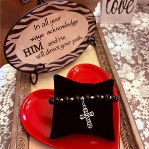 Black and silver Beads Bracelet with silver Cross Charm.